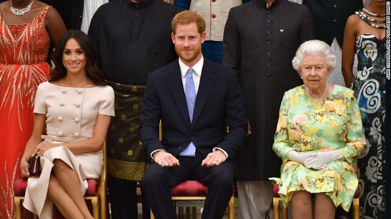 The Queen with Harry and Meghan in 2018. The couple spoke glowingly of the monarch, but admitted their relationship with other royals was fraught.