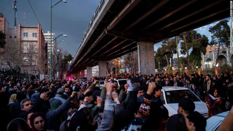 Demonstrators chant during a vigil for the victims of the Ukraine airliner crash in Tehran on January 11.