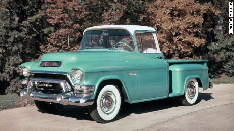 A 1955 GMC Series 100 Deluxe ST pickup. For many years, GMC sold its trucks to professional users while Chevrolets were marketed mostly for personal use.