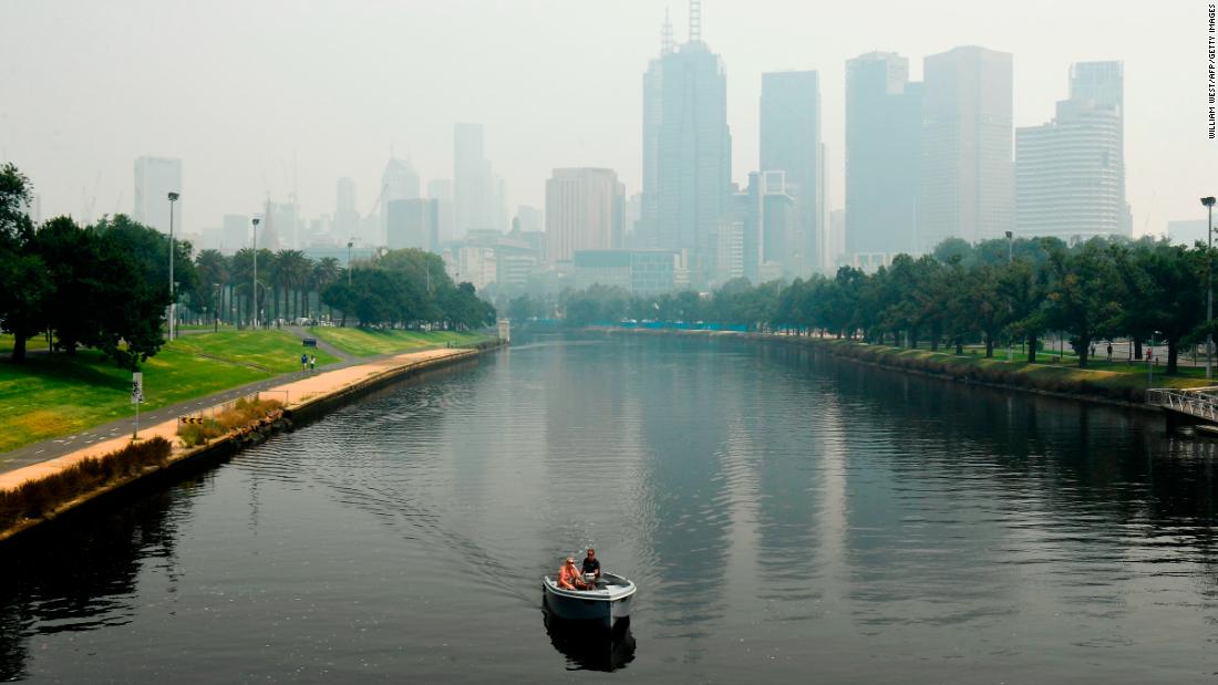 A smoky haze from bushfires hovers over the Melbourne skyline ahead of the &lt;a href=&quot;https://www.cnn.com/videos/sports/2020/01/14/australian-open-air-quality-issues-fires-dalila-jakupovic-sharapova-tennis-spt-intl-lon-orig.cnn&quot; target=&quot;_blank&quot;&gt;Australian Open&lt;/a&gt; tennis tournament on Tuesday, January 14. Poor air quality disrupted the qualifying rounds of the tournament.