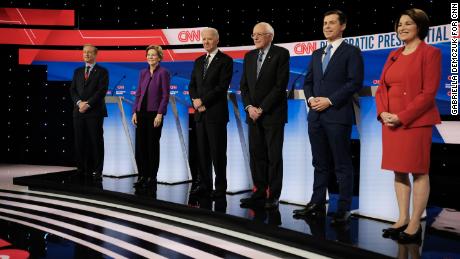 Presidential candidates Tom Steyer, Elizabeth Warren, Joe Biden, Bernie Sanders, Pete Buttigieg and Amy Klobuchar participate in the Democratic debate in Des Moines, Iowa, on January 14.