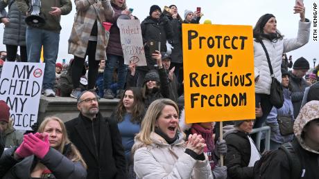 Anti-vaccine protesters outside the state house in Trenton, New Jersey, on January 13, 2020. 