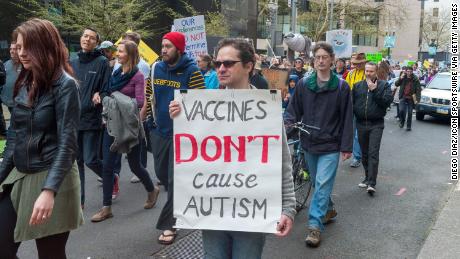 A pro-vaccination supporter at a March for Science on April 14, 2018, in Portland, Oregon. 