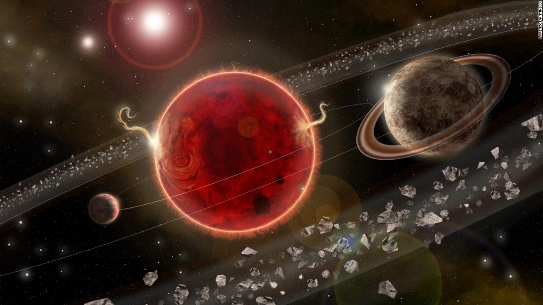 This is an artist&#39;s rendering of the Proxima Centauri planetary system. The newly discovered super-Earth exoplanet Proxima c, on the right, has an orbit of about 5.2 Earth years around its host star. The system also comprises the smaller Proxima b, on the left, discovered in 2016. Illustration by Lorenzo Santinelli.