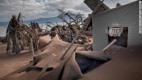 Houses near Taal Volcano&#39;s crater are seen buried in volcanic ash in Taal Volcano Island.