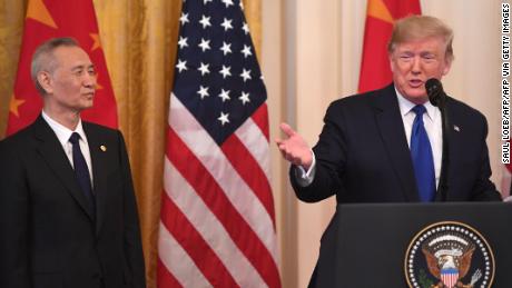 US President Donald Trump and Chinas Vice Premier Liu He, the countrys top trade negotiator, hold a press conference before they sign a trade agreement between the US and China during a ceremony in the East Room of the White House in Washington, DC on January 15, 2020.