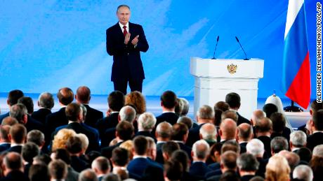 Russian President Vladimir Putin applauds after his speech to the State Council in Moscow, Russia, Wednesday, Jan. 15, 2020. (AP Photo/Alexander Zemlianichenko, Pool)