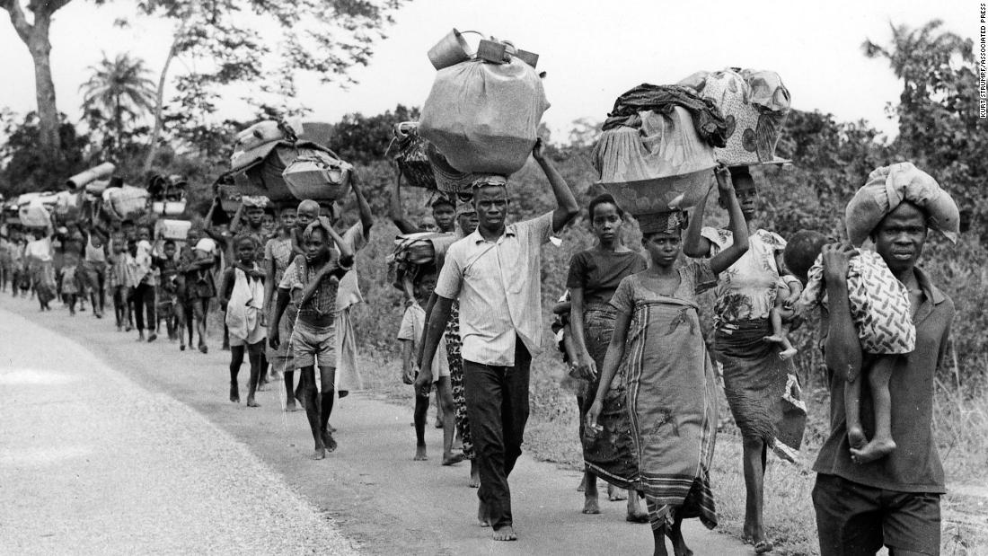 Refugees flee the fighting in July 1968. Estimates of the number of dead from fighting, disease and starvation during the 30-month civil war are estimated at between &lt;a href=&quot;https://www.cnn.com/2020/01/15/africa/biafra-nigeria-civil-war/index.html&quot; target=&quot;_blank&quot;&gt;1 and 3 million&lt;/a&gt;.