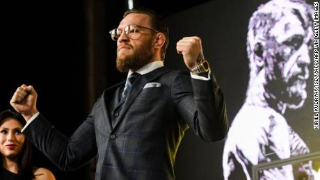 McGregor poses during a press conference in central Moscow.