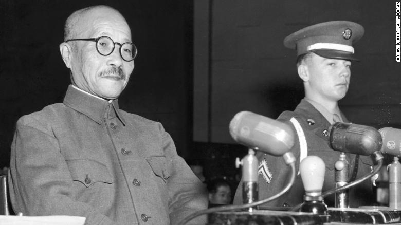 Hideki Tojo takes the stand for the first time during the International Tribunal trials in Tokyo in 1947.
