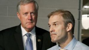 WASHINGTON, DC - OCTOBER 03: Rep. Jim Jordan (R-OH) (R) and Rep. Mark Meadows (R-NC) speak to the media during a break in a closed door House Intelligence Committee meeting where former US Special Envoy for Ukraine Kurt Volker is being interviewed at the U.S. Capitol October 03, 2019 in Washington, DC. Volker is the first official to testify on the whistleblowers charges that President Donald Trump tried to pressure Ukraine to investigate his Democratic rival Joe Biden. (Photo by Mark Wilson/Getty Images)