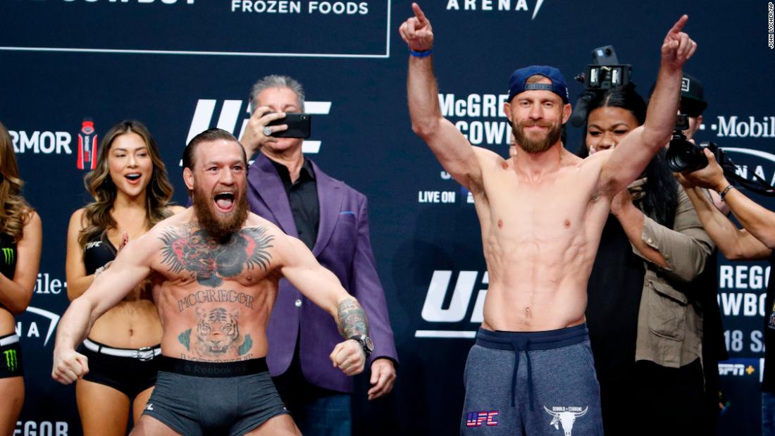 McGregor, left, and Cerrone pose during a ceremonial weigh-in for a UFC 246 welterweight mixed martial arts bout Friday in Las Vegas. 