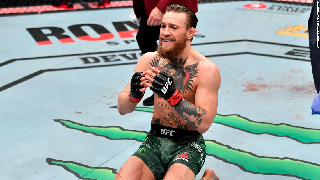 Conor McGregor celebrates after knocking out Donald Cerrone in their welterweight fight during the UFC 246 event at T-Mobile Arena on Saturday in Las Vegas.
