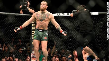 McGregor celebrates after knocking out Donald Cerrone in their welterweight fight during the UFC 246 event at T-Mobile Arena on January 18, 2020 in Las Vegas, Nevada. 