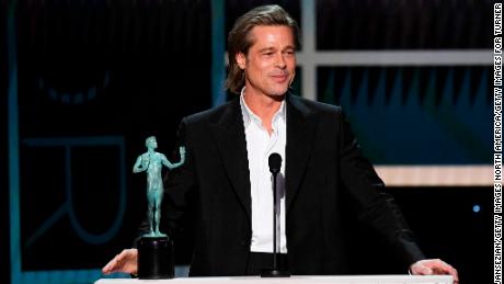 Brad Pitt accepts the SAG Award for outstanding performance by a male actor in a supporting role for &#39;Once Upon a Time in Hollywood&#39; in January. (Photo by Kevork Djansezian/Getty Images for Turner)