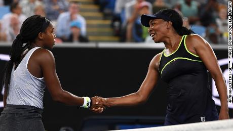 Coco Gauff (left) and Venus Williams -- the oldest and youngest players in the Australian Open women&#39;s draw -- shake hands after the 15-year-old&#39;s victory.