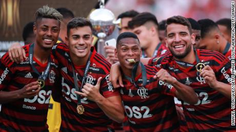 Reinier Jesus (second left) celebrates the victory after winning the Copa Libertadores final. 