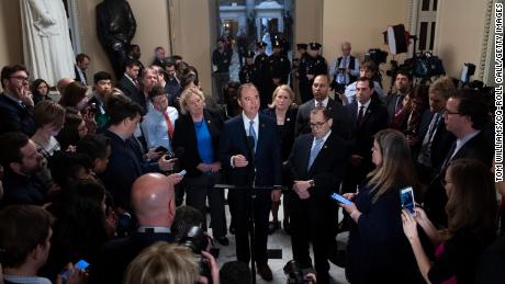 House impeachment managers Reps. Adam Schiff, D-Calif., at podium, along with, from left, Reps. Zoe Lofgren, D-Calif., Val Demings, D-Fla., Sylvia Garcia, D-Texas, Hakeem Jeffries, D-N.Y., Jerrold Nadler, D-N.Y., and Jason Crow, D-Colo., address the media in the Capitol on the impeachment trial of President Donald Trump on Tuesday, January 21, 2020. 