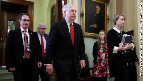 WASHINGTON, DC - JANUARY 21: Senate Majority Leader Mitch McConnell (R-KY) leaves the Senate Chamber during a recess in President Donald Trump's impeachment trial at the U.S. Capitol January 21, 2020 in Washington, DC. Senators will vote Tuesday on the rules for the impeachment trial, which is expected to last three to five weeks. (Photo by Chip Somodevilla/Getty Images)