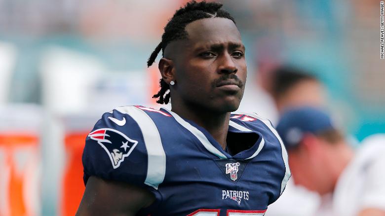 Antonio Brown #17 of the New England Patriots looks on against the Miami Dolphins during the fourth quarter at Hard Rock Stadium on September 15, 2019 in Miami, Florida. 