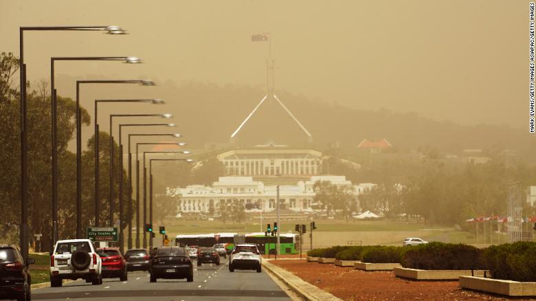Parliament House in Canberra, Australia, is blanketed by bushfire smoke on January 23, 2020.