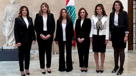 Women ministers in the new government, from left to right; Minister of Labor Lamia Yammine, Justice minister Marie-Claude Najem, Defense Minister Zeina Akar, Minister of Youth and Sports Vartie Ohanian, Minister of Information Manal Abdul-Samad and Minister of Displaced Ghada Shreim, posing for an official picture at the Presidential Palace in Baabda, east of Beirut, Lebanon, Wednesday, Jan. 22, 2020. 