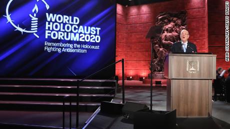 Israel&#39;s President Reuven Rivlin speaks at the Yad Vashem Holocaust memorial museum on Thursday.