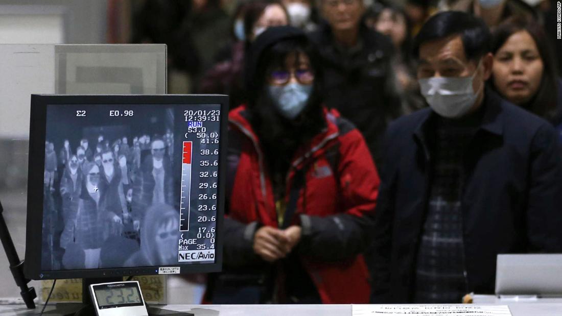 Passengers from overseas are checked by a thermography device on January 23 at the Kansai International Airport in Osaka, Japan.