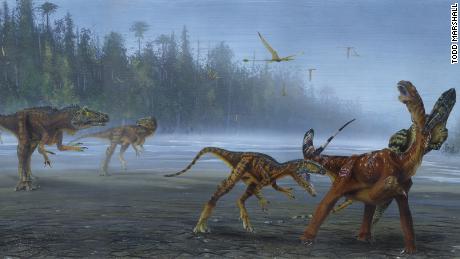 An illustration showing a pack of Allosaurus attacking a young sauropod.