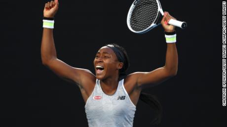 MELBOURNE, AUSTRALIA - JANUARY 24: Coco Gauff of the United States celebrates after winning match point during her Women&#39;s Singles third round match against Naomi Osaka of Japan day five of the 2020 Australian Open at Melbourne Park on January 24, 2020 in Melbourne, Australia. (Photo by Cameron Spencer/Getty Images)