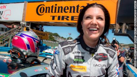 MONTEREY, CA - SEPTEMBER 08: Katherine Legge, of Great Britain,  smiles after winning the GTD class pole position for the American Tire 250 IMSA WeatherTechSeries race at Mazda Raceway Laguna Seca on September 8, 2018 in Monterey, California.  (Photo by Brian Cleary/Getty Images)