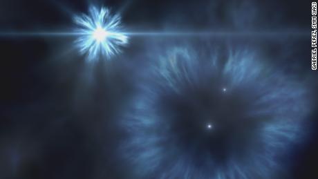 An artist's illustration of the supernova explosions of the first massive stars that formed in the Milky Way. 