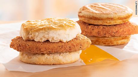 McDonald&#39;s Chicken McGriddles and McChicken Biscuit breakfast sandwiches. 