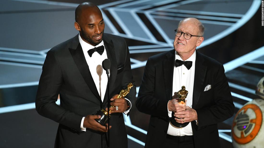 Bryant and filmmaker Glen Keane accept the 2018 Oscar for best animated short film. &lt;a href=&quot;http://believeentertainmentgroup.com/portfolio-item/dear-basketball/&quot; target=&quot;_blank&quot;&gt;&quot;Dear Basketball&quot;&lt;/a&gt; was based on &lt;a href=&quot;https://www.theplayerstribune.com/en-us/articles/dear-basketball&quot; target=&quot;_blank&quot;&gt;a letter Bryant wrote&lt;/a&gt; in 2015 announcing his retirement from basketball.