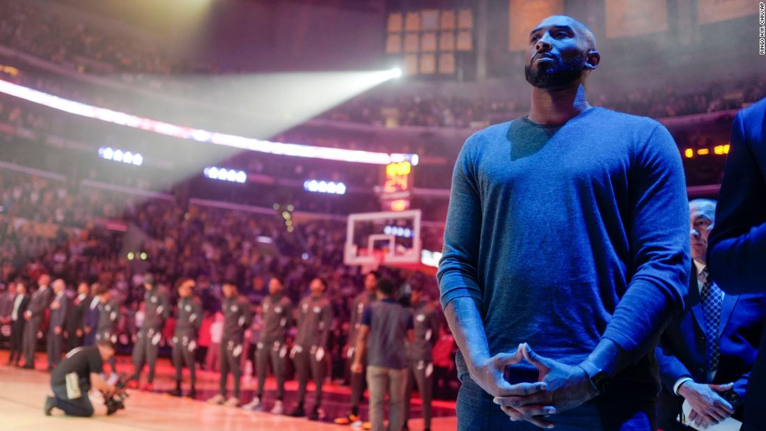Bryant listens to the National Anthem prior to a 2019 Lakers game against the Atlanta Hawks in Los Angeles.
