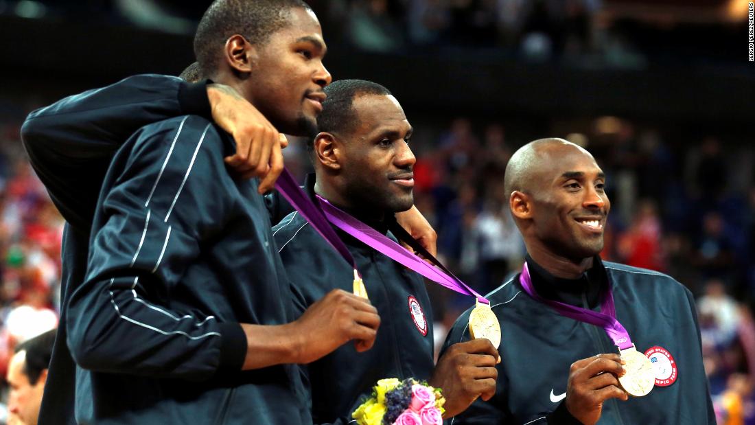 From left, Kevin Durant, Lebron James and Bryant pose with their gold medals at the 2012 Olympic Games in London.