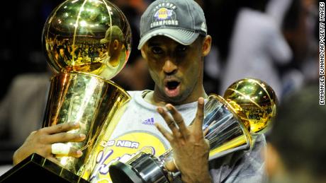 Kobe Bryant of the Los Angeles Lakers celebrates victory following Game 5 of the NBA Finals against the Orlando Magic in June 2009.