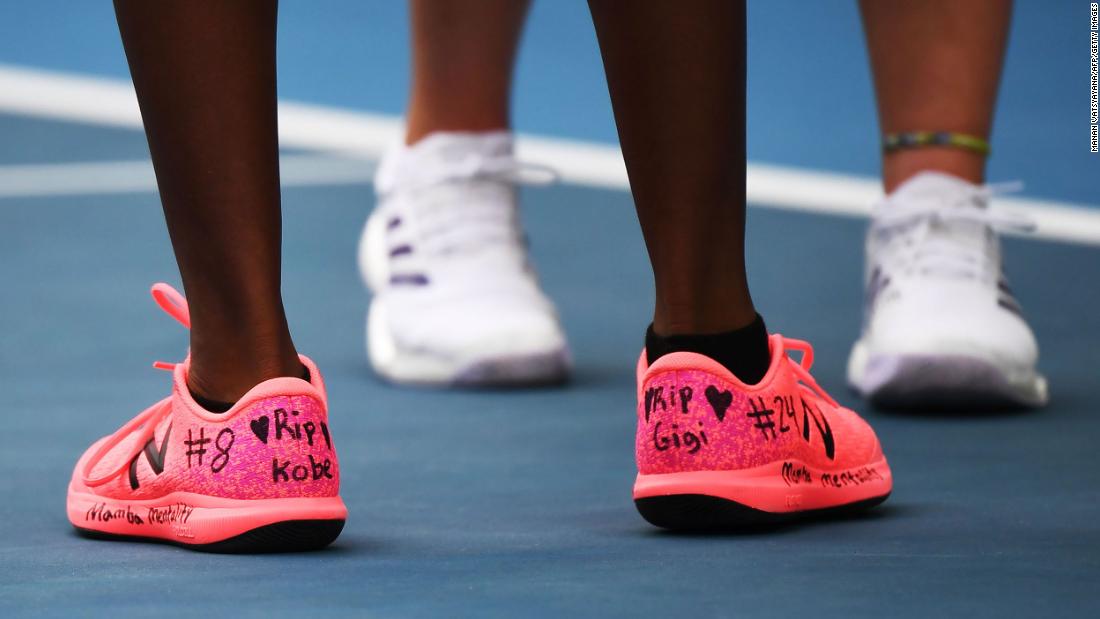 Coco Gauff pays tribute to Kobe Bryant and his daughter, Gianna, with their names hand-written on her tennis tennis shoes during her Australian Open doubles tennis match on January 27.