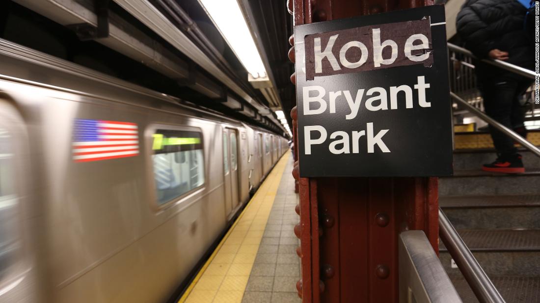 A sign at the 42nd St-Bryant Park subway station in New York City is covered with tape to read &quot;Kobe Byrant Park&quot; on January 27.