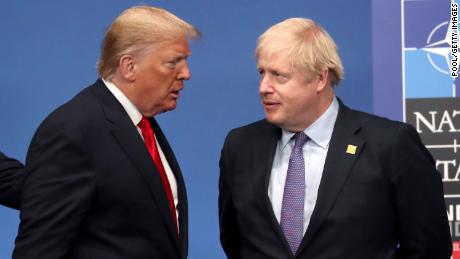 US President Donald Trump and British Prime Minister Boris Johnson onstage during the annual NATO heads of government summit on December 4, 2019 in Watford, England.