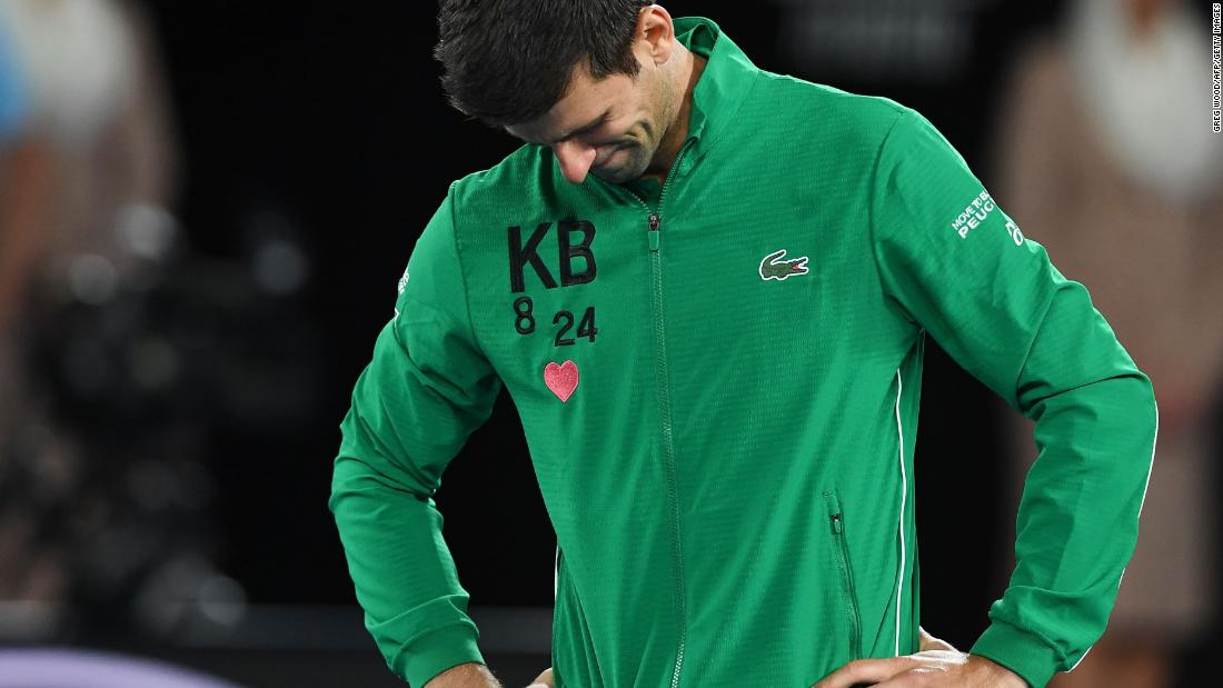 Serbia&#39;s Novak Djokovic gets emotional as he talks about Kobe Bryant after winning a men&#39;s singles quarter-final match against Canada&#39;s Milos Raonic on day nine of the Australian Open tennis tournament in Melbourne on January 28.