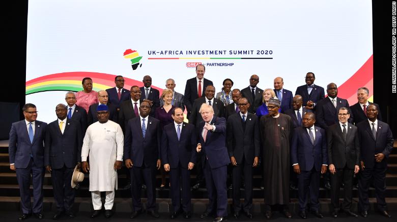 UK Prime Minister Boris Johnson posing at the UK-Africa Investment Summit. 
