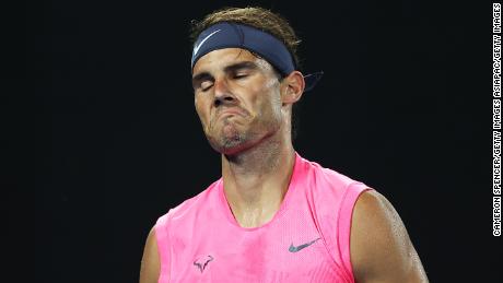 MELBOURNE, AUSTRALIA - JANUARY 29: Rafael Nadal of Spain reacts during his Men&#39;s Singles Quarterfinal match against Dominic Thiem of Austria on day ten of the 2020 Australian Open at Melbourne Park on January 29, 2020 in Melbourne, Australia. (Photo by Cameron Spencer/Getty Images)