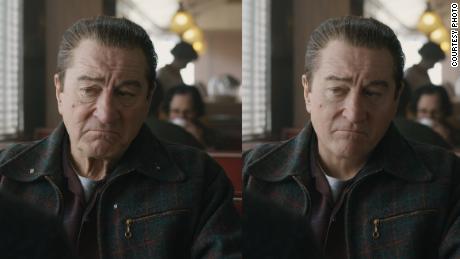 On the left, Robert De Niro in a scene for &quot;The Irishman.&quot; On the right, that same scene, as seen after visual effects and de-aging technology were applied to the original frame. 