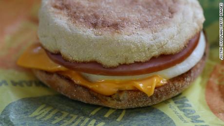 McDonald&#39;s Egg McMuffin is an egg on a toasted muffin topped with Canadian bacon and American cheese.