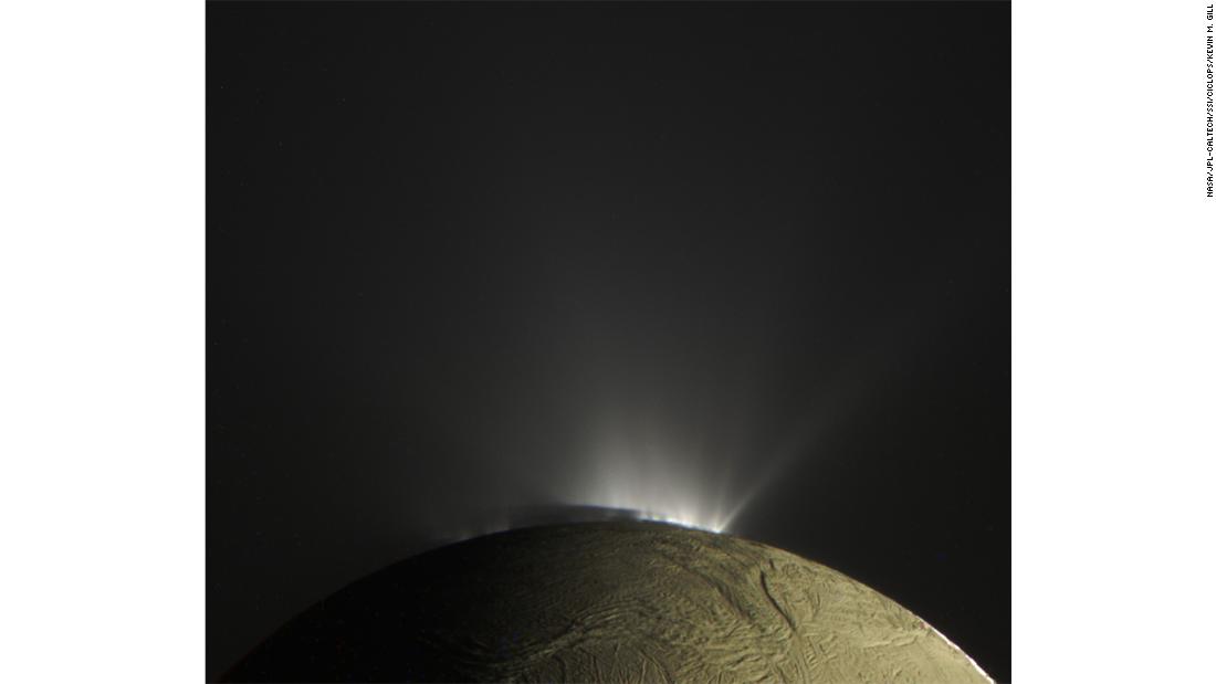 &quot;Enceladus Plumes&quot; -- A back-lit view of water-ice plumes at the south pole of Saturn&#39;s moon of Enceladus, and surface Saturnshine, as seen by Cassini.