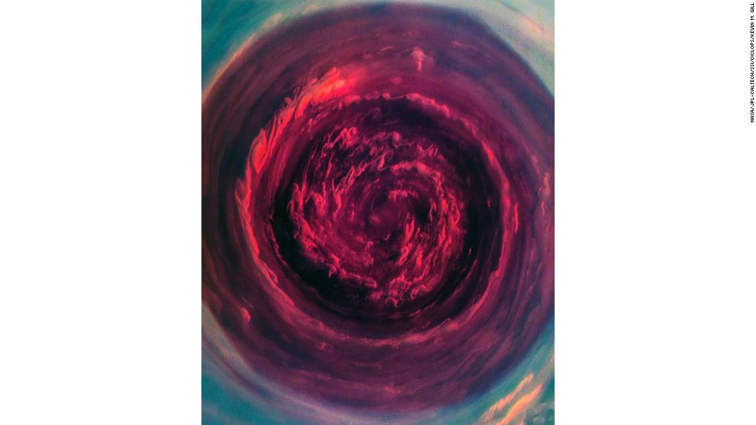 &quot;Near IR Saturn North Pole&quot; -- A view of Saturn&#39;s north polar vortex processed using far red/near-infrared wavelengths captured by Cassini.
