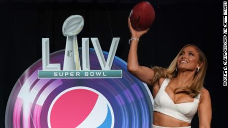Jennifer Lopez at Thursday&#39s Super Bowl half time show press event. (Photo by TIMOTHY A. CLARY/AFP via Getty Images)