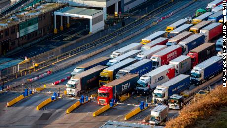 Trucks line up at the Port of Dover, the last stop in the UK before France.