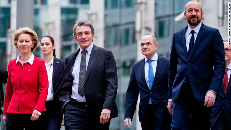 European Commission President Ursula von der Leyen (L), European Council President Charles Michel (R) and European Parliament President David Sassoli (C) arrive for a meeting in Brussels in January 2020.